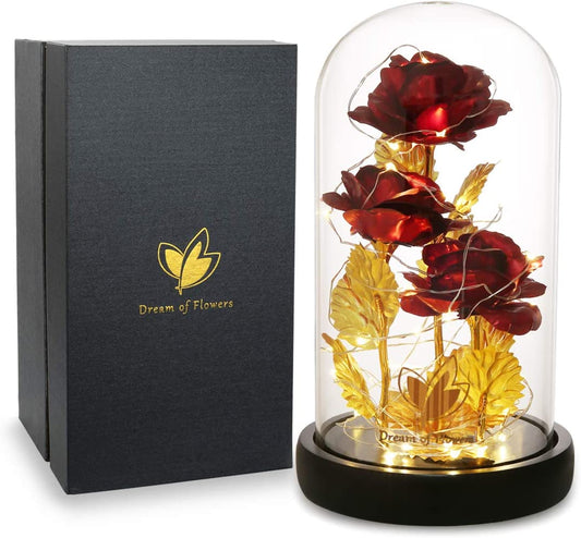 24K Galaxy Artificial Rose Beauty and the Beast Rose, Colorful Led Lights in the Dome Glass